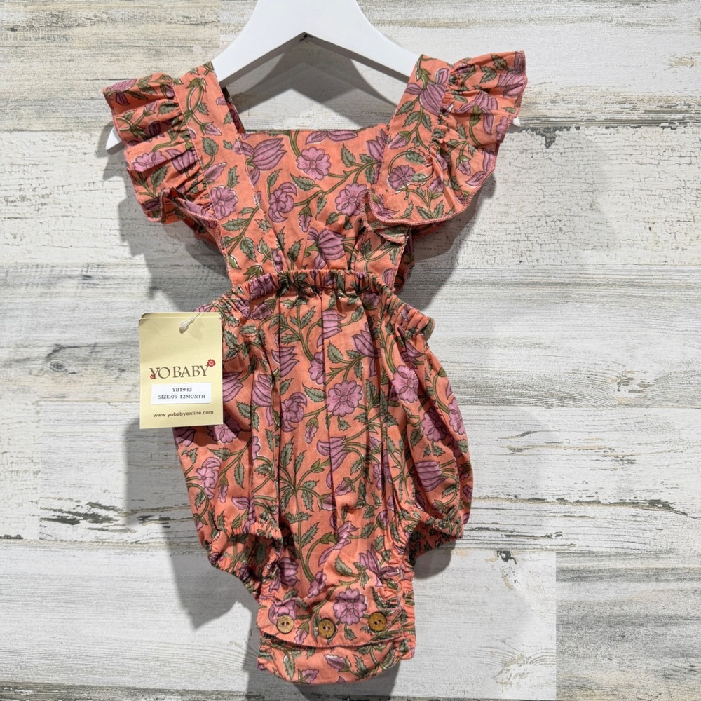 Yo Baby Bubble Romper Girls 9-12M Pink Floral Block Print Boho Cottagecore NWT